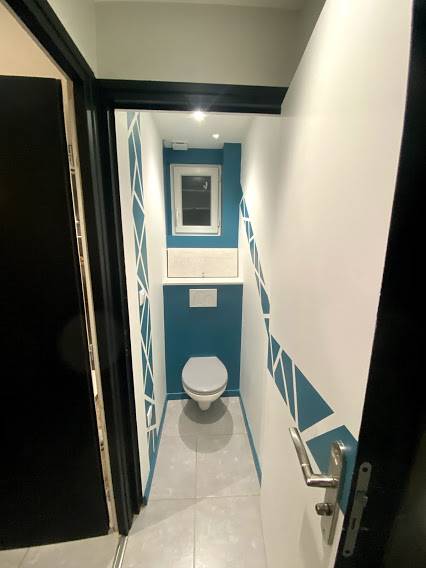 Modernisation d'un toilette avec frise déco fait main sur la commune de Saint-Lys peintre bâtiment