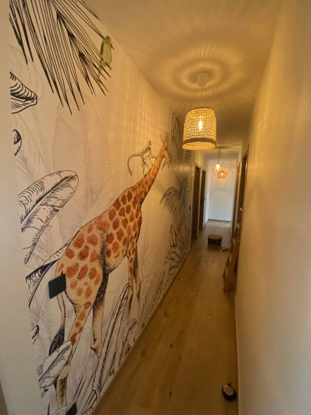 Pose de papier peint grand format sur le mur du couloir dans une maison neuve à Frouzins proche Saint-Lys projet pose papier peint paysage